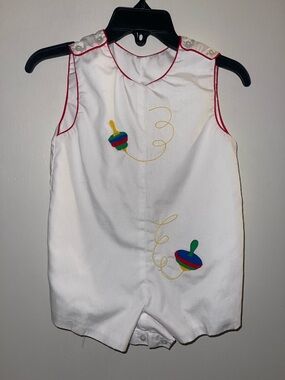 Vintage Baby Romper Colorful Spinning Top Embroidery Sz 6/12M Summer Jon Jon